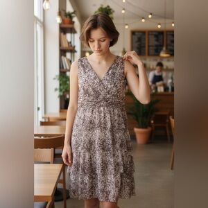 TALBOTS sleeveless dress, gray & subtle violet, lined, fit and flare, tiers.